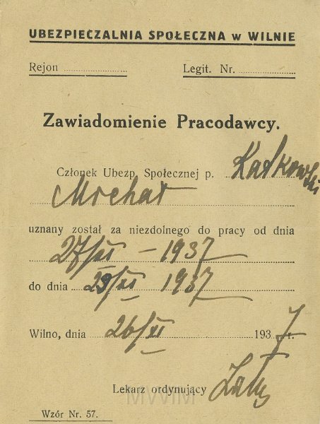 KKE 5450.jpg - Dok. Zawiadomienie pracodawcy. Zawiadomienie z Ubezpieczalni Społecznej w Wilnie o czasowej niezdolności do pracy Michała Katkowskiego, Wilno, 26 XI 1937 r.